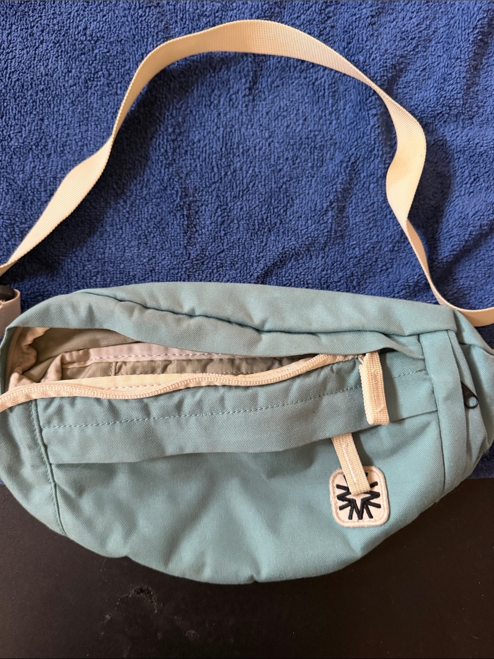 Sage Green Belt Bag with Beige Trim and Adjustable Strap